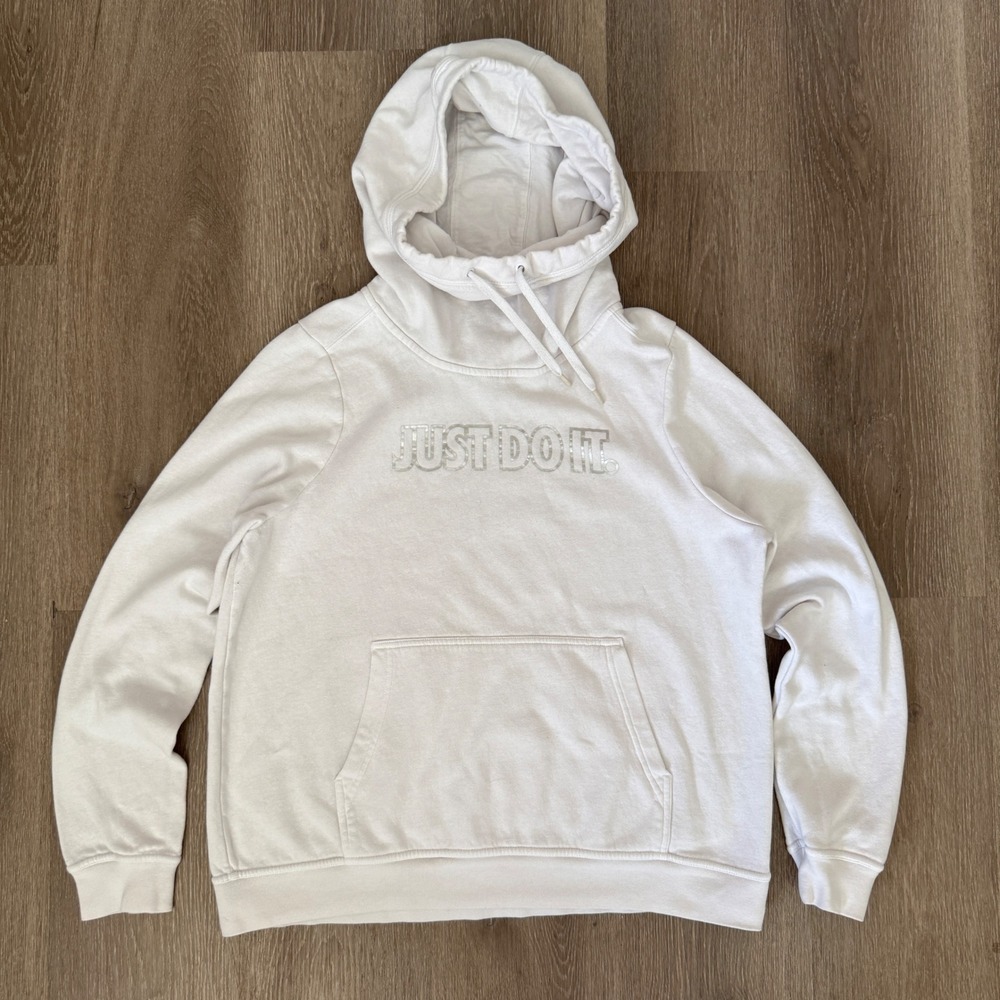 Nike Just Do It Hoodie Womens Large White Silver Metallic Graphic 921765-100